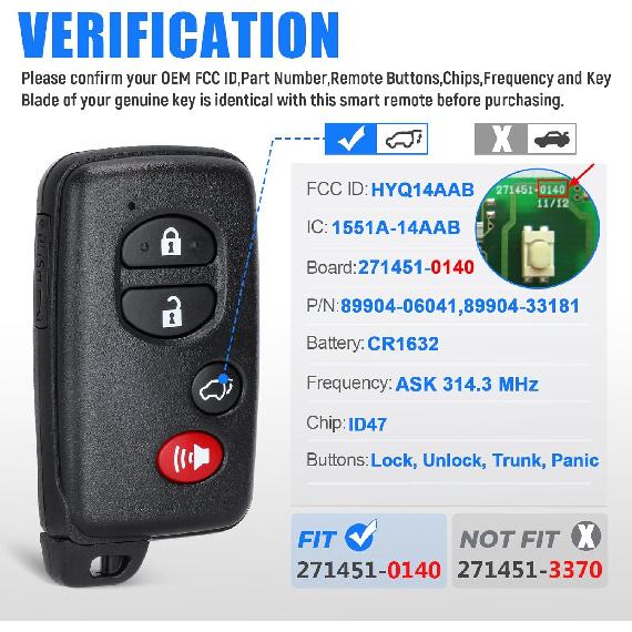 

Keyless Entry Smart Proximity Key Fob Replacement for Toyota Highlander 2008-2013 HYQ14AAB 271451-0140 Board 89904-48110 4 Button 314.3MHz(for SUV