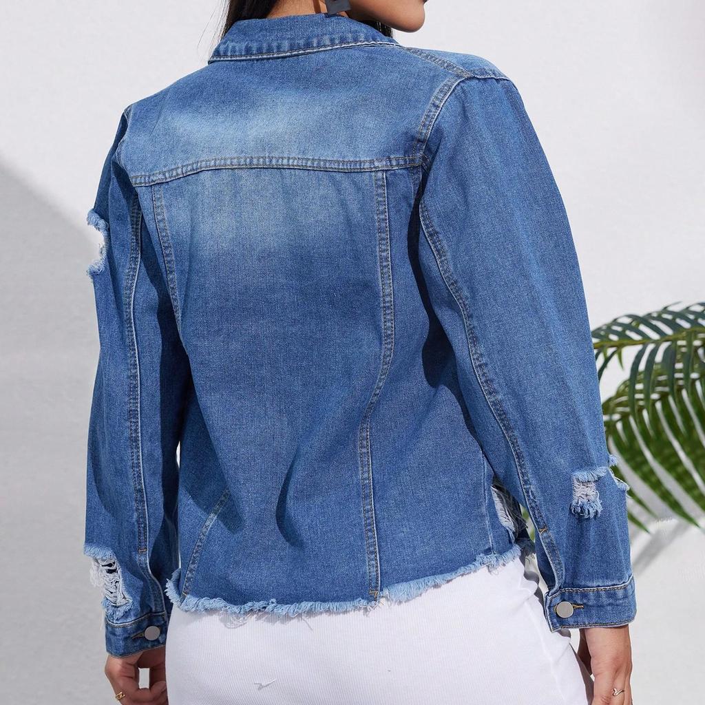 Ladies' Solid Color Denim Casual Long Sleeved Single Breasted Jacket
