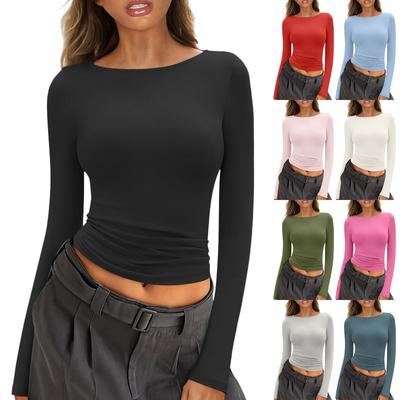 Women's Fashion Neckless T-Shirt Basic Slim Solid Color Long Sleeve Top