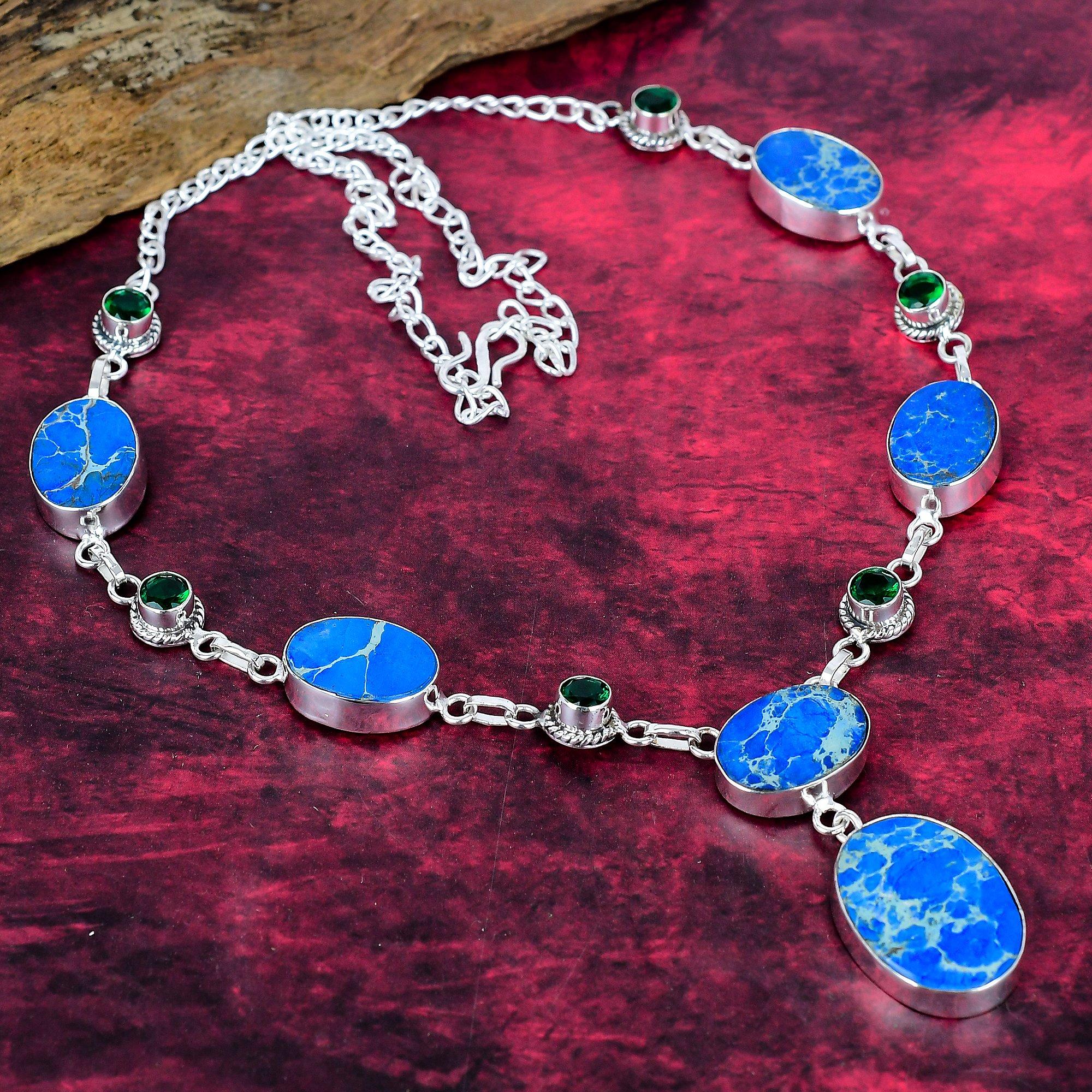 

Blue Sea Sediment & Chrome Diopside Necklace Gemstone Jewelry, 925 Solid Sterling Silver Adjustable Chain Necklace, Gift For Women Handmade Necklace синий