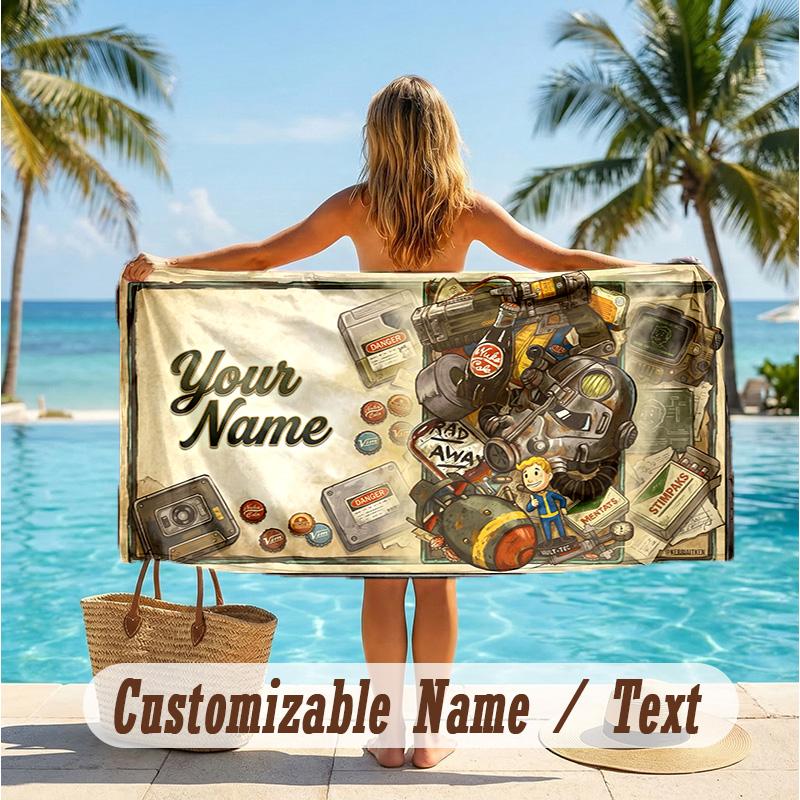 Custom Text Beach Towel, Soft Absorbent Swimming Multi-use TowelFallout Vault Boy