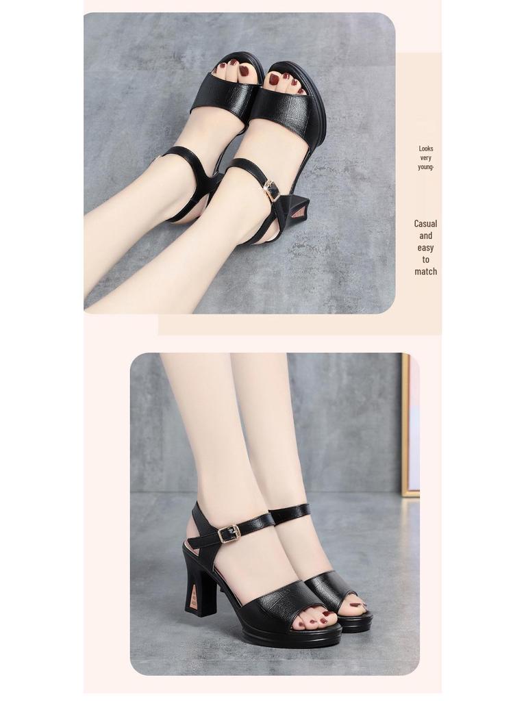Sandale de damă 2023 cu toc gros și o singură baretă - Versatile, cu talpă moale, modă de vară pentru femei de vârstă mijlocie