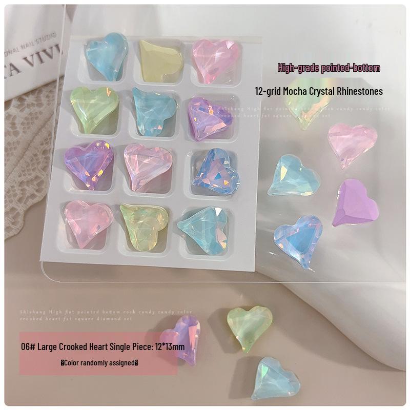 12-Grid Mocha Crystal Rhinestone Nail Art Set: 3D Butterfly, Heart & Square Designs