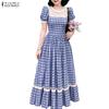Women Lace Splice Round Neck Casual Short Sleeve Grid Print Long Dress