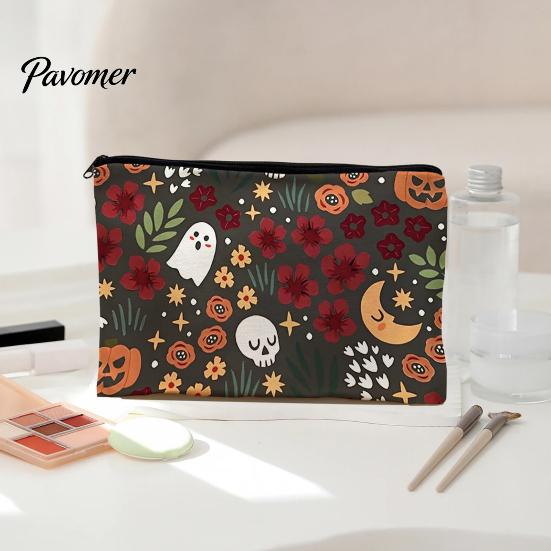 Waterproof Canvas Bag Storage Bag, with Halloween Pattern Printed, Smooth Zipper Themed Organizer Makeup Large Capacity Travel Cosmetic Pouch