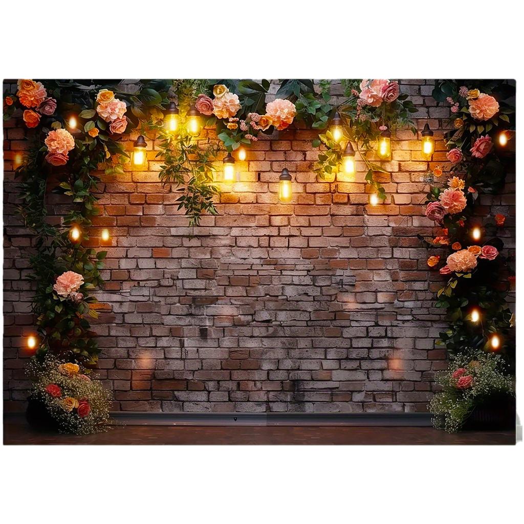 Rustic Brick Wall With Warm Lights And Pink Roses Tapestry Wall Hanging Forwedding Party Decorromantic Floral Art Print Backdrop