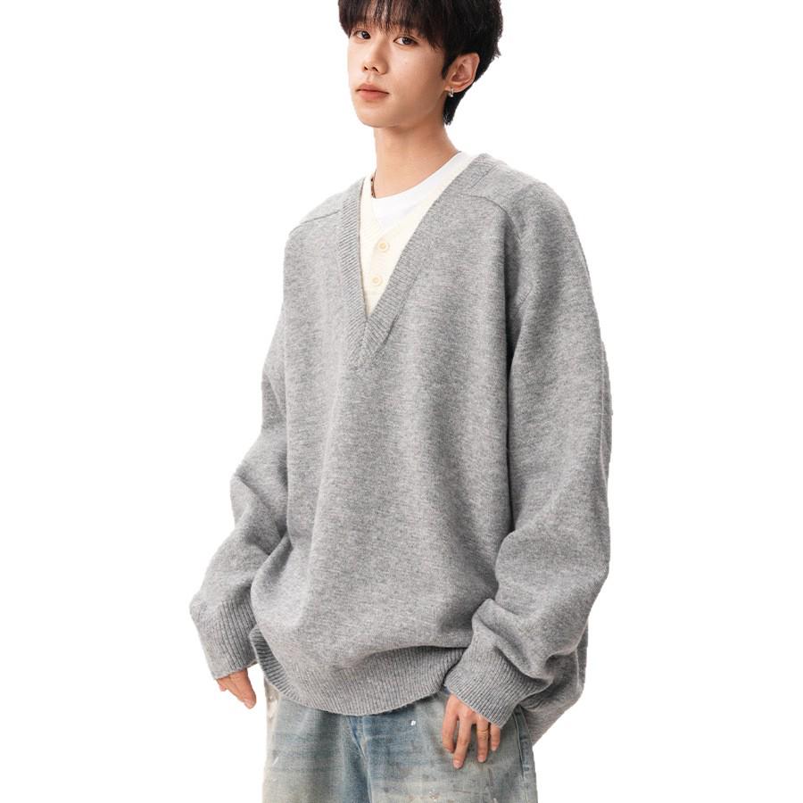 Men's Retro V-Neck Knit Sweater - Two-Piece Look, Lazy Style Pullover for Autumn/Winter, Loose Long Sleeve Polo.
