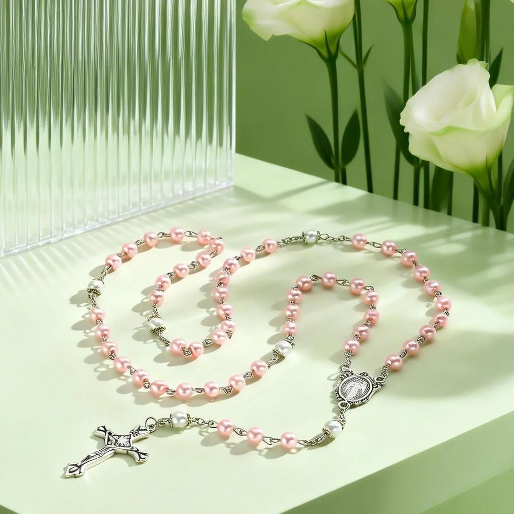 Croce Rosario Vergine Maria Collana a Y per Donna Catena di Perle Finte Rosa Collane Catena Regali Gioielli Cristiani per la Preghiera