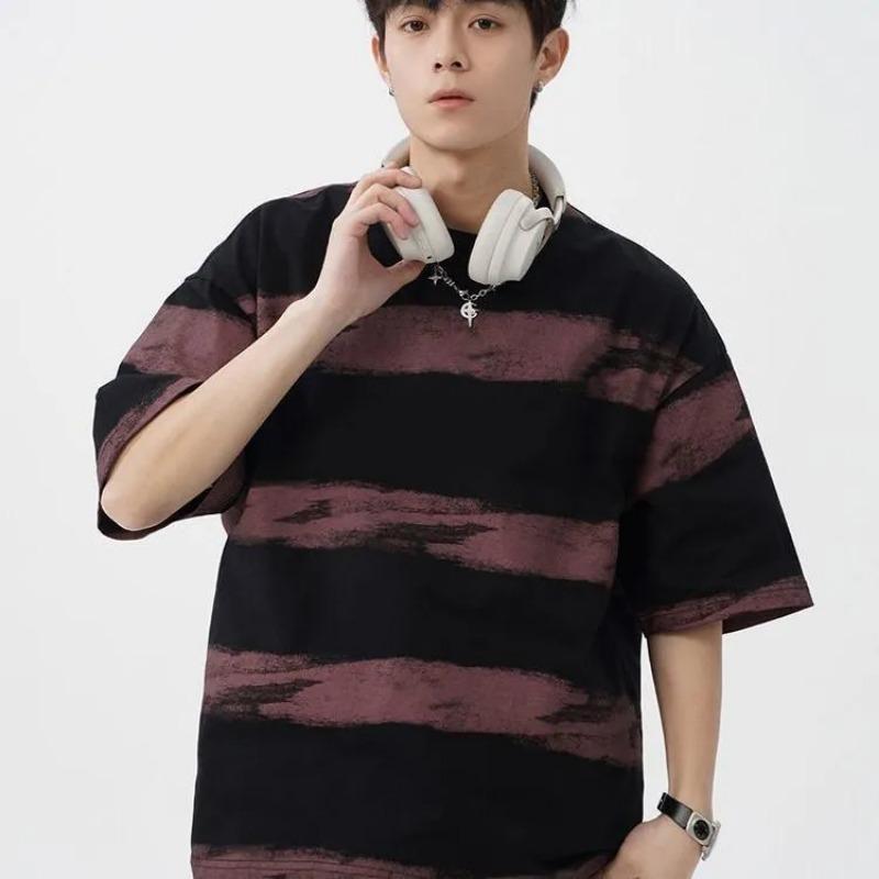 Men's Beige Oversized T-Shirt with Gradient Stripe Print Casual Loose Fit Short Sleeve Top
