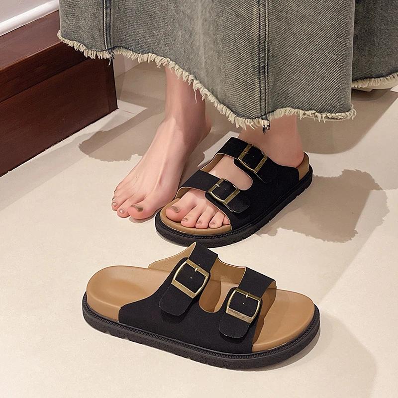 2024 Summer Women's Two Buckle Cork Slippers Cow Suede Leather Flats Sandals For Women Retro Fashion Garden Mule Clog Slides