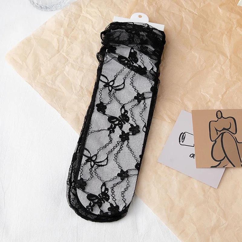 Black Floral Mesh Lace Medium Socks Women'S Sexy Hollow Stockings Japanese Lolita Charm Girls White Princess Hosiery Sox