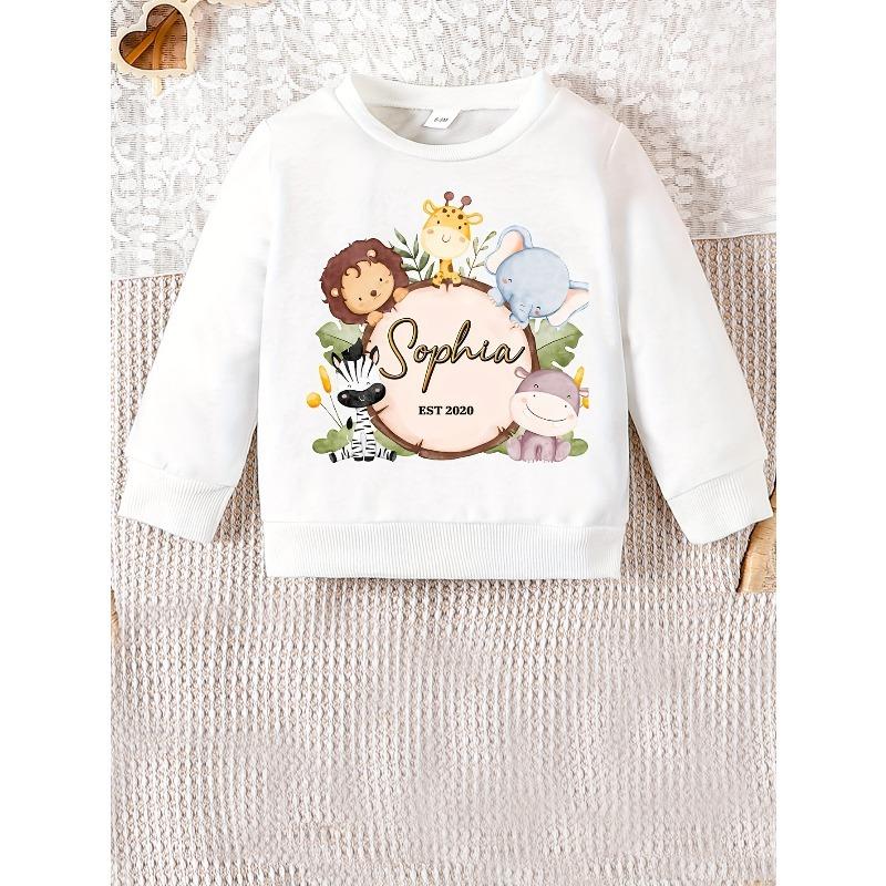 European sizes Kids Long Sleeve Sweatshirt, Jungle Animal Print Sweatshirt, Custom Name Kids Sweatshirt, Vintage Style Crewneck Sweatshirt 110