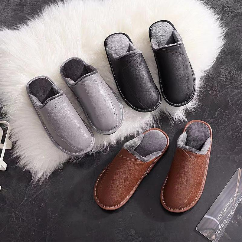 Fashion Autumn and Winter Slippers for Men and Women Indoor Leather Slippers for Home Leisure Thickened Top Layer Leather Slippers