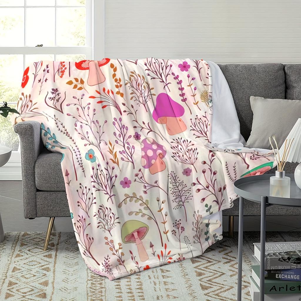 Cozy Cartoon Mushroom Print Flannel printed blanket suitable for all seasons suitable for living room office sofa and travel