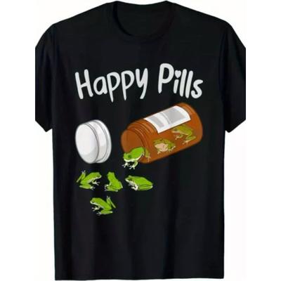European Sizes Men's Funny Happy Pills Frog T-Shirt - Retro Casual Short Sleeve Tee with Cute Frog & Pills Design, Comfortable Casual Wear