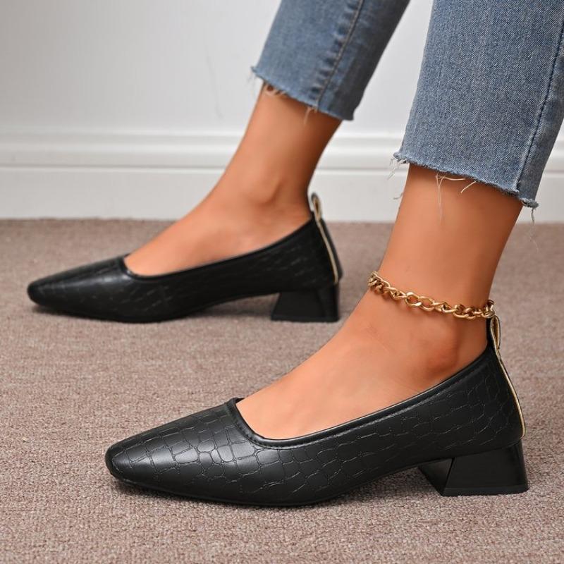 Fashion Shallow Women Low Heels Shoes 2025 New Brand Trend Elegant Square Toe Pumps Chunky Leather Mature Office Dress Zapatillas Mujer