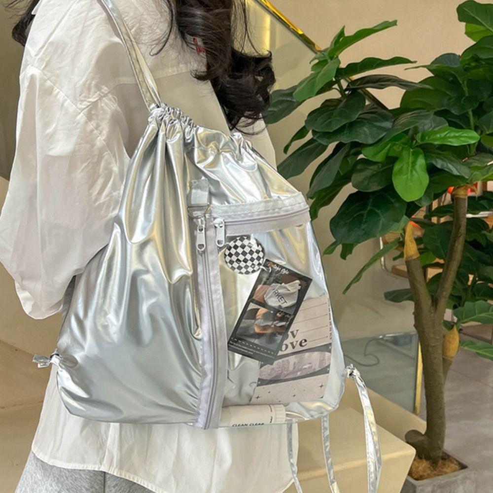 Transparent Pocket Korean Style Itabag Silver PU Shoulder Bag Portable Drawstring  Backpack  Women