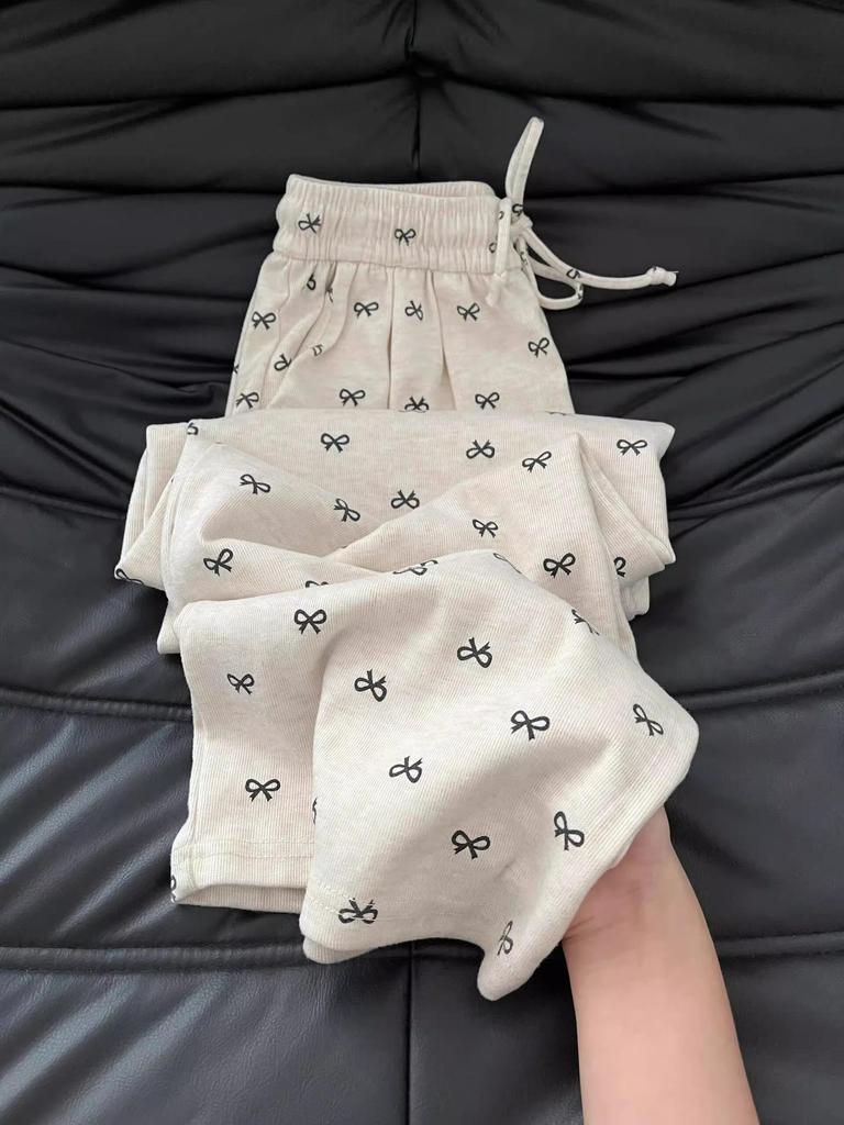 Petite Korean Bow Wide Leg Printed Pants - Slimming Drape Design for Spring/Autumn