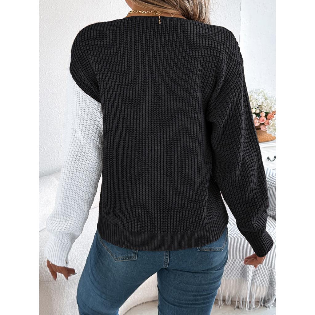 GMXIA Autumn and Winter Casual V-neck Button Contrasting Color Lantern Sleeve Pullover Sweater Women's Wear