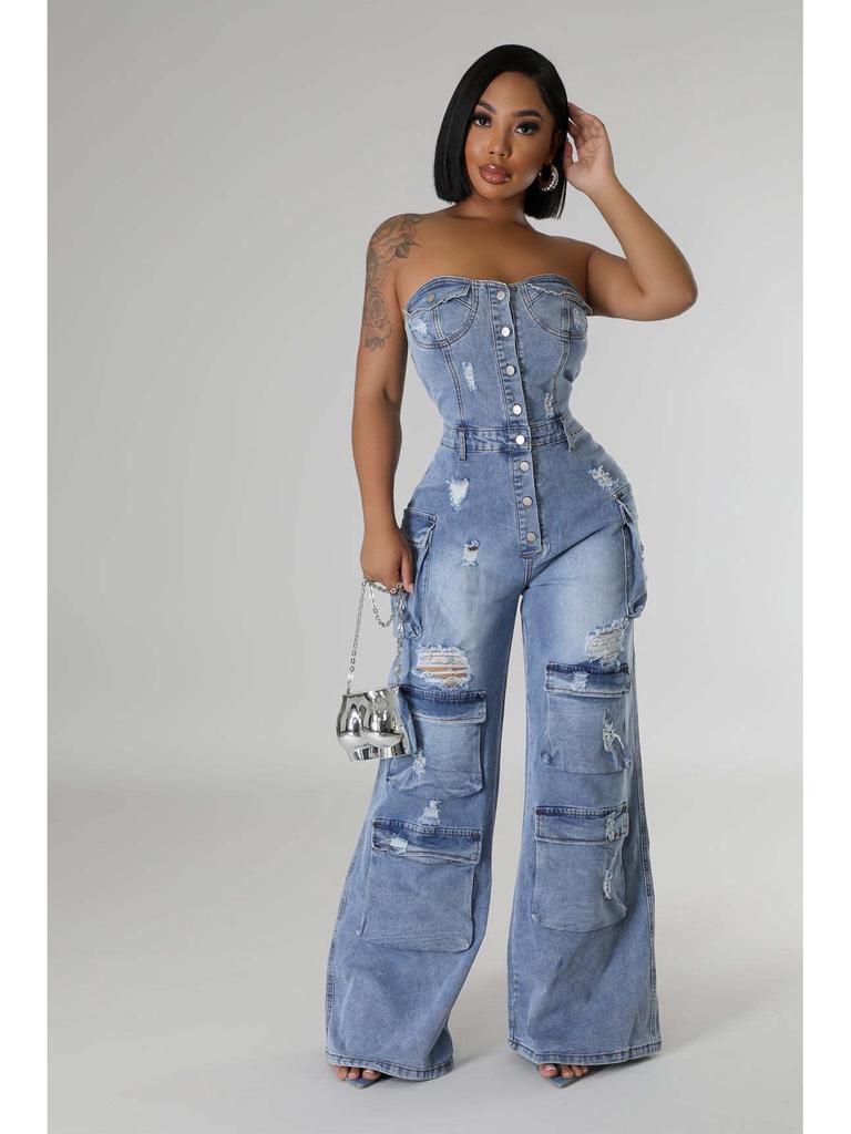 European & American Casual Strapless Slim-Fit Denim Jumpsuit for Women