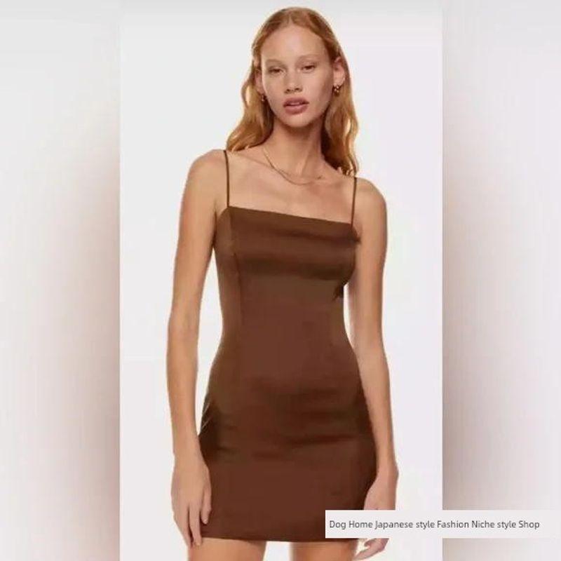 

Canada Red Brand a House Pure Yuan Niche Satin Gyaru Pure Desire Wind Sling Tight Dress Can Be Regarded as Inner Wear Skirt Reddish Brown 16