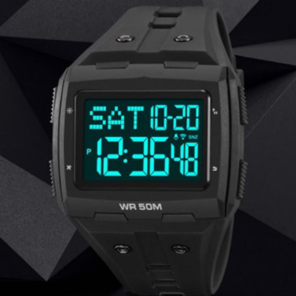 Digital Sports Watch Dual Time Display Night Light Adjustable TPR Band Outdoor Waterproof Watch for Men Women Black Silver