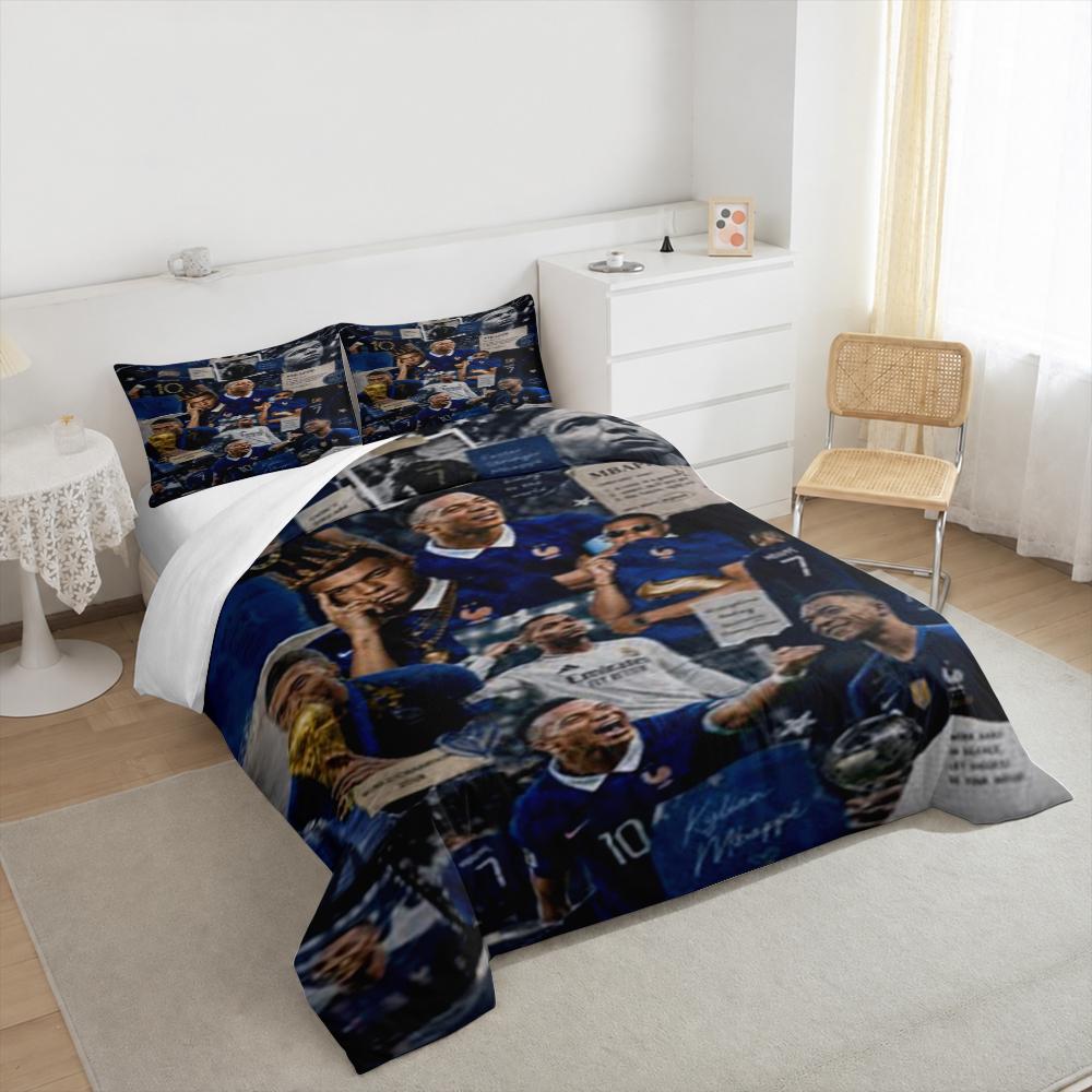 3 Piece Bedding Set with Duvet Cover and 2 Pillowcases - Kylian Mbappe France Scrapbook Collage Trophy Print - Soccer Decor
