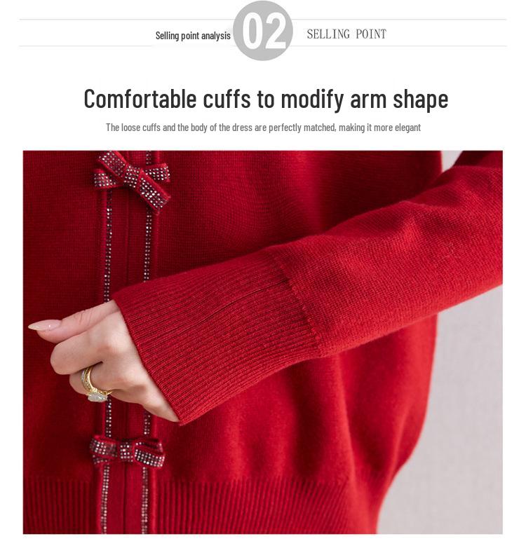Rhinestone Bow Knit Heart V-Neck Sweater - Women's 2025 Autumn/Winter Base Layer