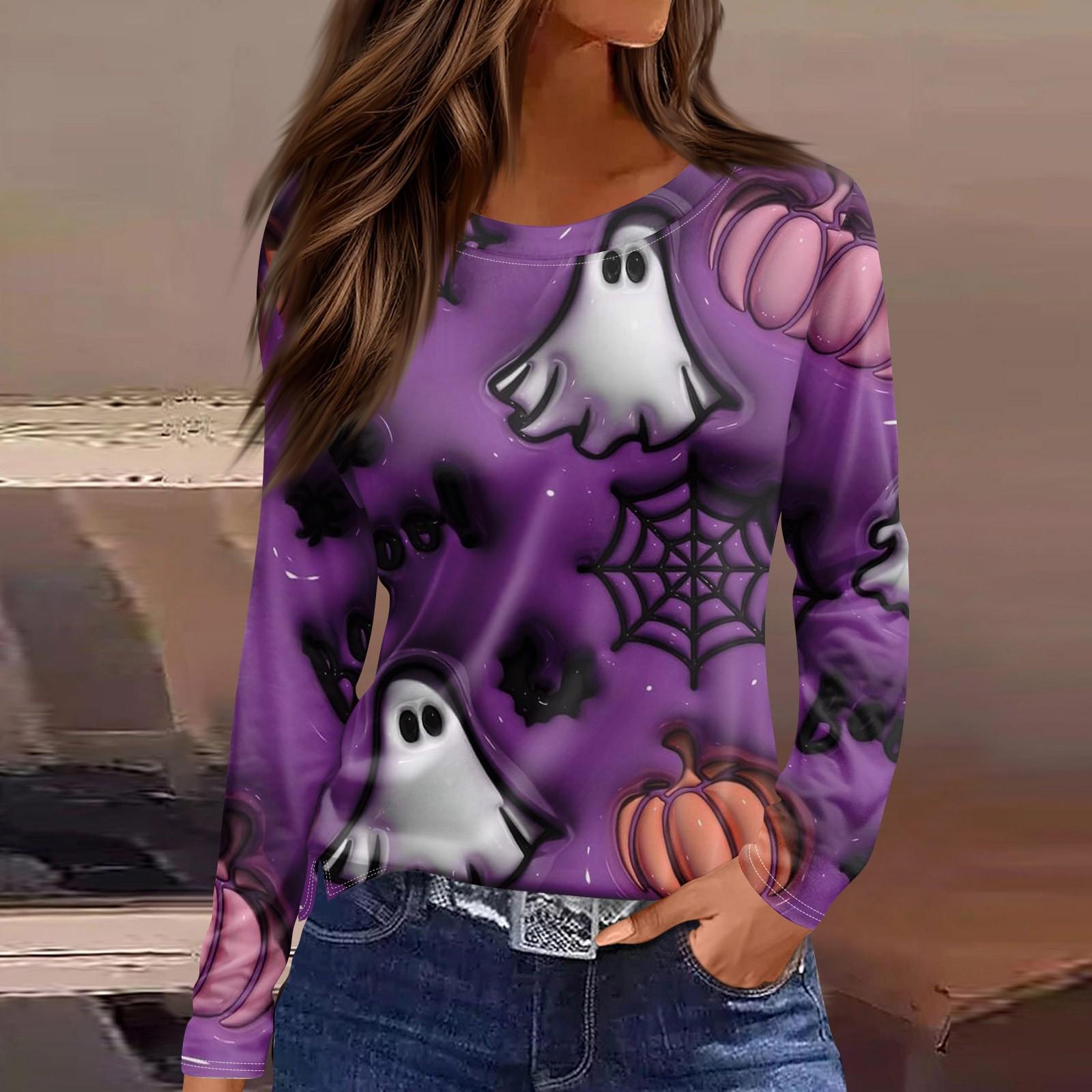 

Женская модная повседневная футболка с разрезом по подолу, принтом на Хэллоуин, круглым вырезом и длинным рукавом XL фиолетовый