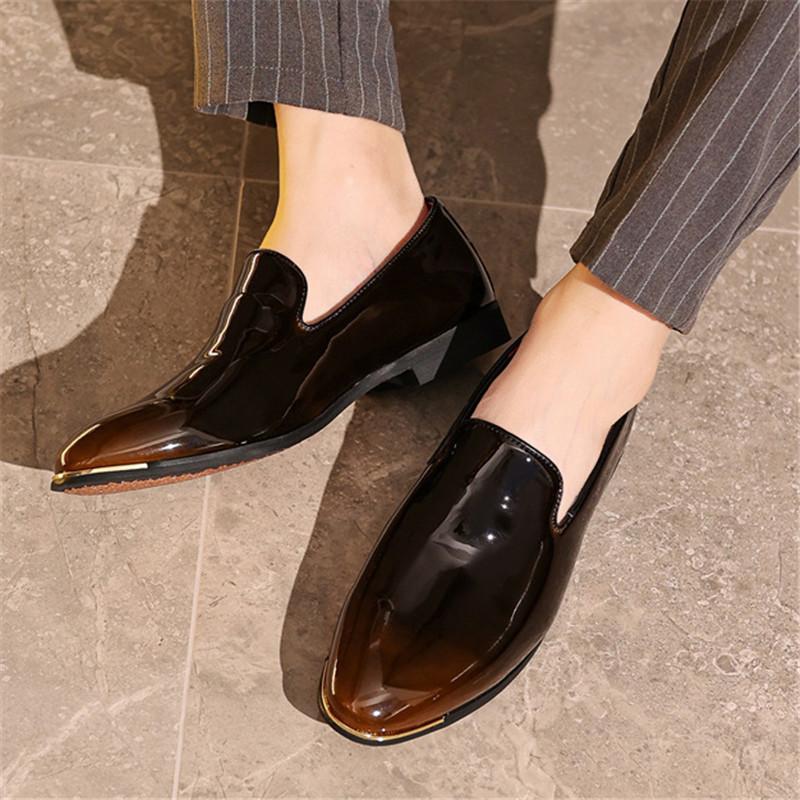 New Arrival Fashion Dress Shoes For Men Pointed Glossy Patent Leather Slip On Loafers Wedding Formal Footwear Zapatos Hombre