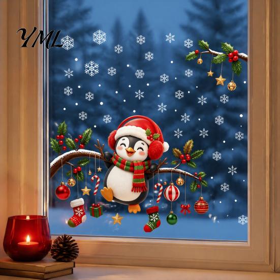 Shop Showcase Glass Decorations Christmas Static Window Cling, Penguin Decal with Holly Baubles Snowflakes, Festive Home Decor Supplies for