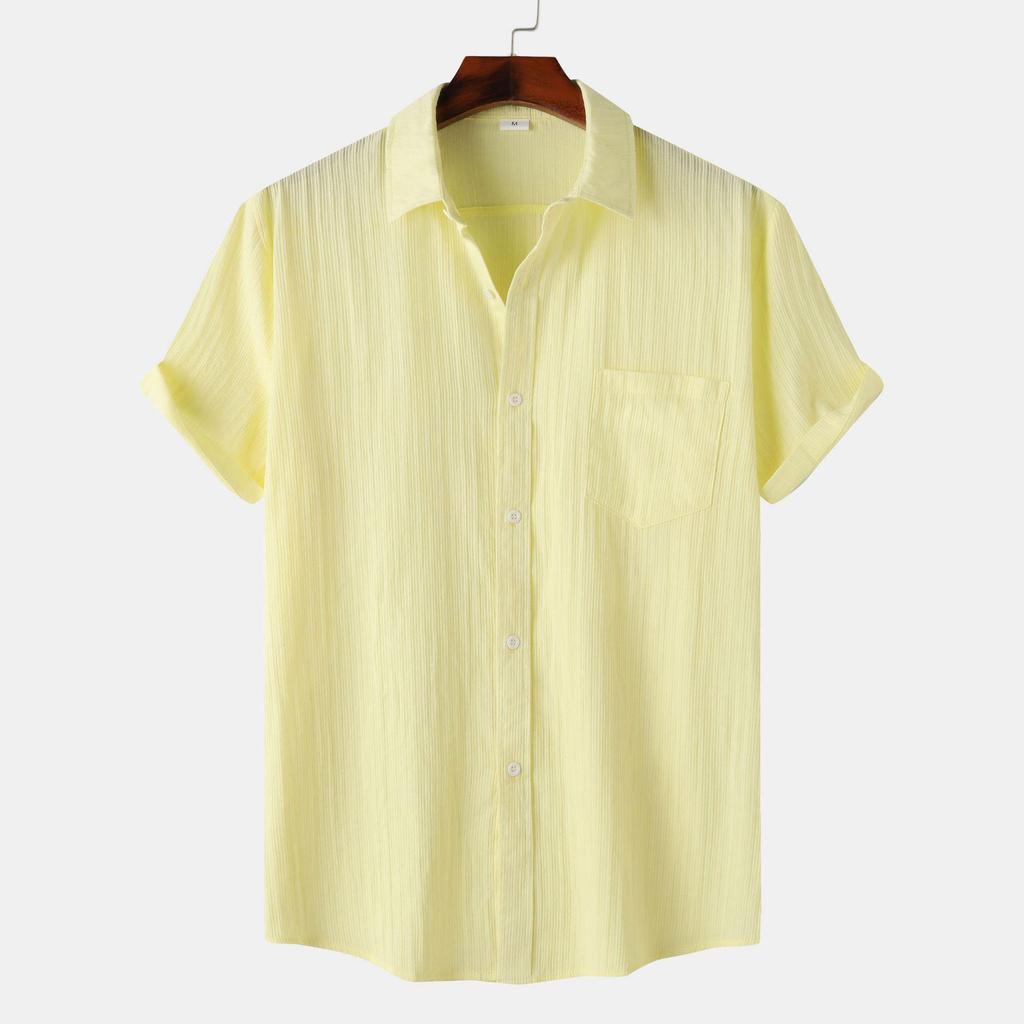 2025 Summer European & American Men's Waffle Short Sleeve Solid Color Casual Shirt