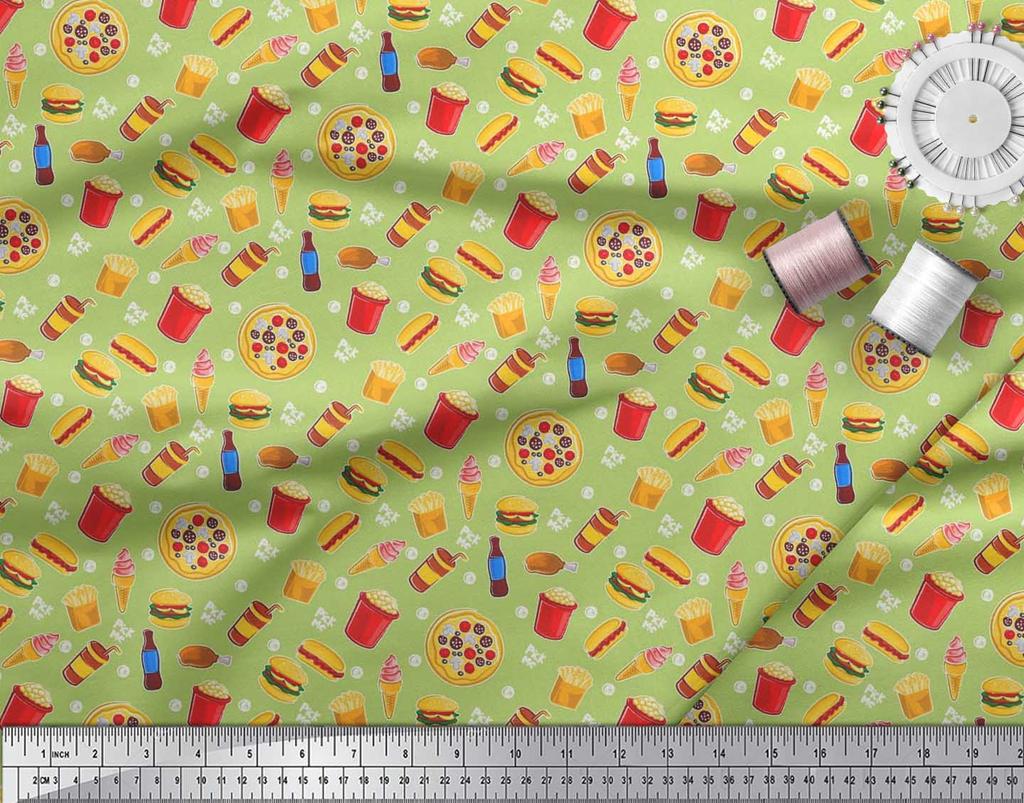 Soimoi Japonská krepová saténová tkanina Studené nápoje, pizza a hamburgery Potištěná tkanina 1 metr 42 palců