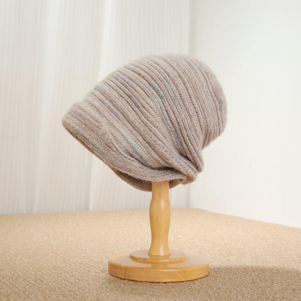 Retro colored silk mixed thread stacked knitted hat women's stripe loose knitted cold hat showing face small headgear wool hat