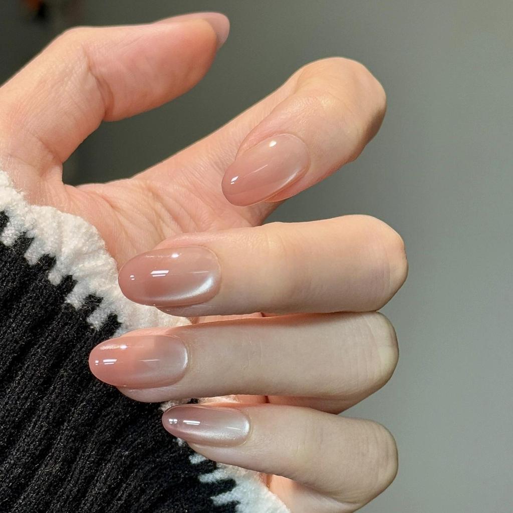 Cute KT Skin-Brightening Cat Eye Handmade French Nails with Fragrant Style and Sparkle Bow