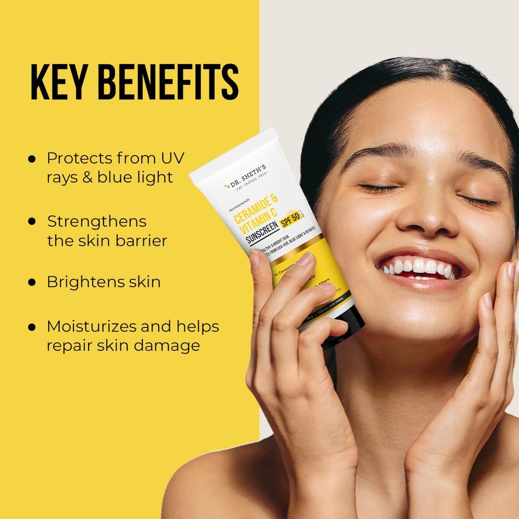 Dr. Sheth's Ceramide & Vitamin C Sunscreen SPF 50+ PA++++ Lightweight Non Greasy No White Cast For All Skin Types 80 g