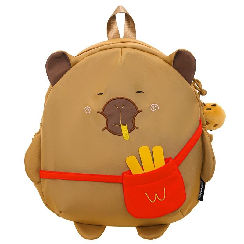 Cute Cartoon French Fries Capybaradesign Children Backpack With Plush Pendant For Casual Travel And School Use