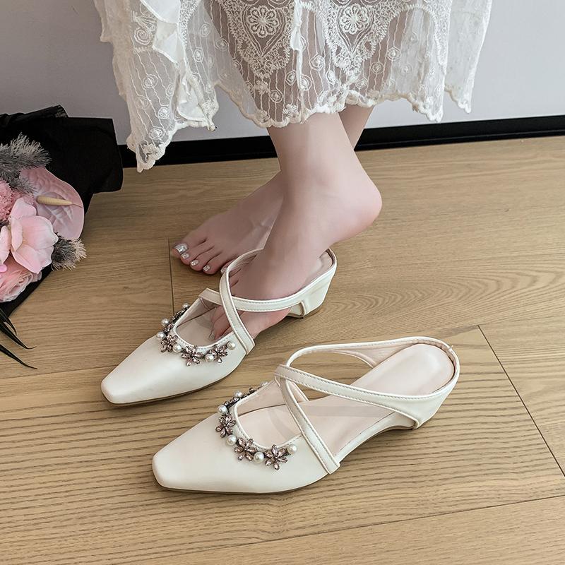 2025 Summer New Pearl Rhinestone Inside Heightening Slippers Women's Shoes