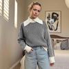 Herbst Neuer Kontrastierender Nadelstreifen Pullover Rollkragen Revers Mode Lässig Fauler Pullover für Damen