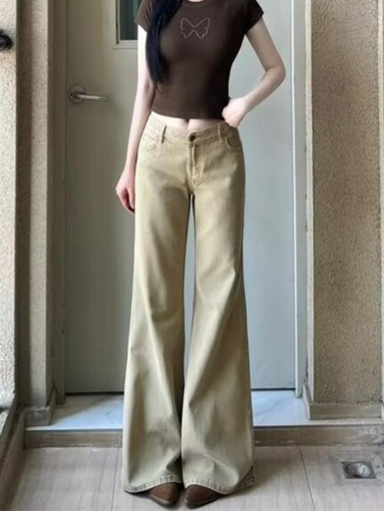 Retro Khaki Women's Low Waist Wide Leg Bell Bottom Jeans