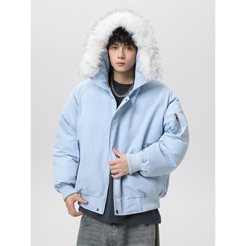 Winter Thickened Warm Couple Puffer Coat Unisex Hooded Parka With Fur Trim