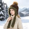 Outdoor Cycling Winter Hat Women Knitted Earflap Hat, Fuzzy Trim Pompom Soft Warm Small Face Effect Knit for Cycling, Cold Weather Daily Wear