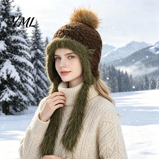 Outdoor Cycling Winter Hat Women Knitted Earflap Hat, Fuzzy Trim Pompom Soft Warm Small Face Effect Knit for Cycling, Cold Weather Daily Wear