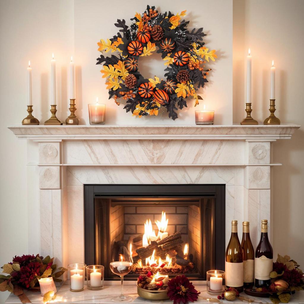 Halloween Pumpkin Wreath Autumn Door Wreath Thanksgiving Handmade Black Maple Leaves Pumpkin Halloween Holiday Decoration