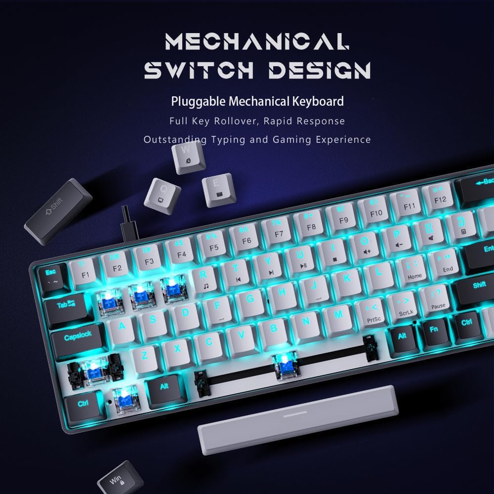 Abucow Mechanical Gaming Blue Wired Compact Blue LED Replaceable Compatible with 60% Keyboard, Switch, Keyboard, Backlight, Black/Gray Keycaps,