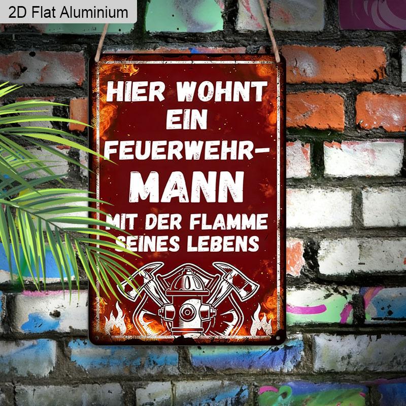 2D Flat 1pc Vintage German Firefighter Aluminium Wall Art Sign, 8x12 Aluminium Rustic Home Decor Fire Station