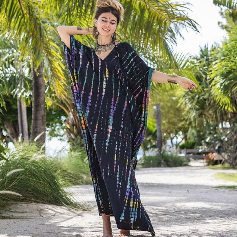 European & American Tie-dye Rayon Beach Dress: Loose, Long Seaside Vacation Robe & Bikini Cover-up with Sunscreen Shirt for Women