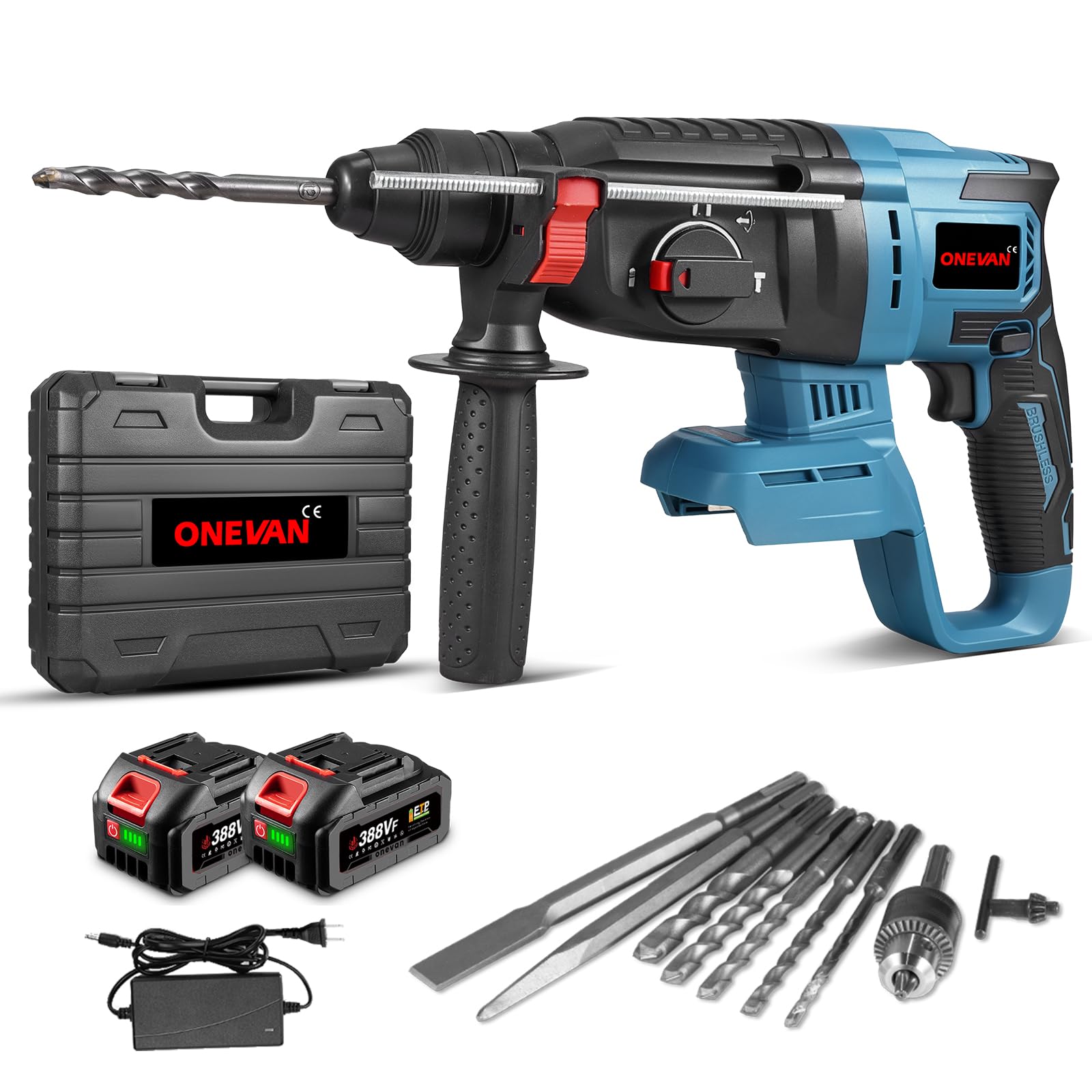 

ONEVAN Аккумуляторная ударная дрель 21 В, Бесщеточная 800 Вт, 3 режима, 1500 об/мин, 2 аккумулятора 388VF, Быстрое зарядное устройство, Кейс и 10 насадок (Руководство JP) светло-синий