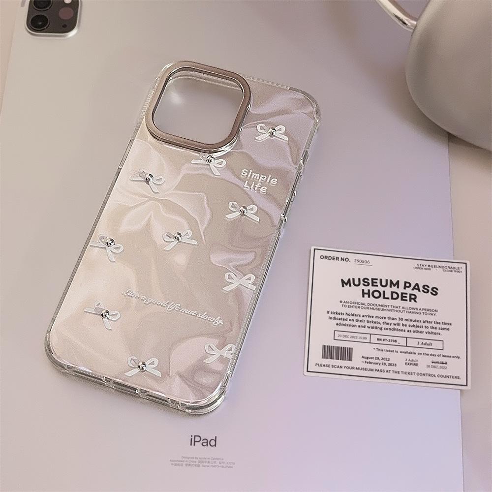 Korean Style for IPhone16 Mobile Phone Case for Apple 13 Three-dimensional White Bow 14promax Water Ripple 12 Hard