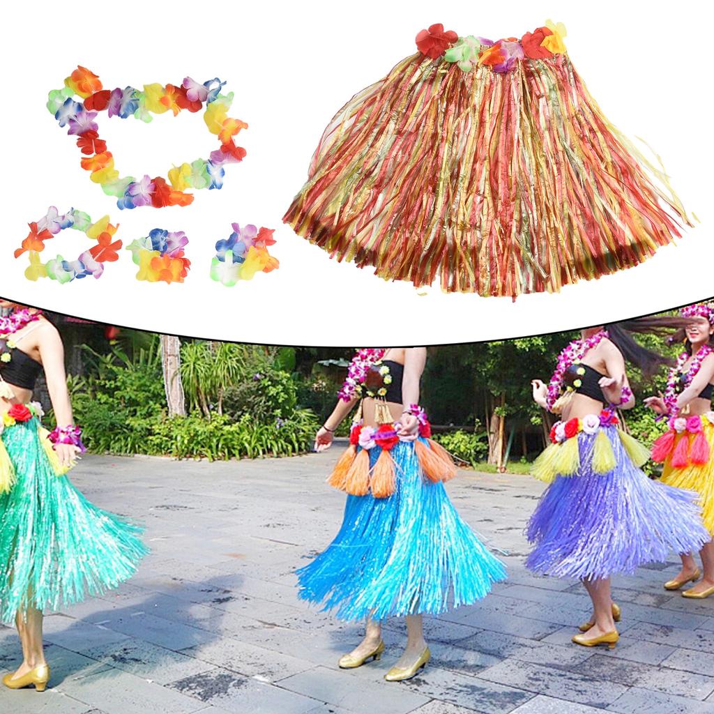Hawaiian Luau Grass Hula Hawaiian Style Suit Flower Skirt Garland Hula Skirt Dance Party Costume Set Decoraction